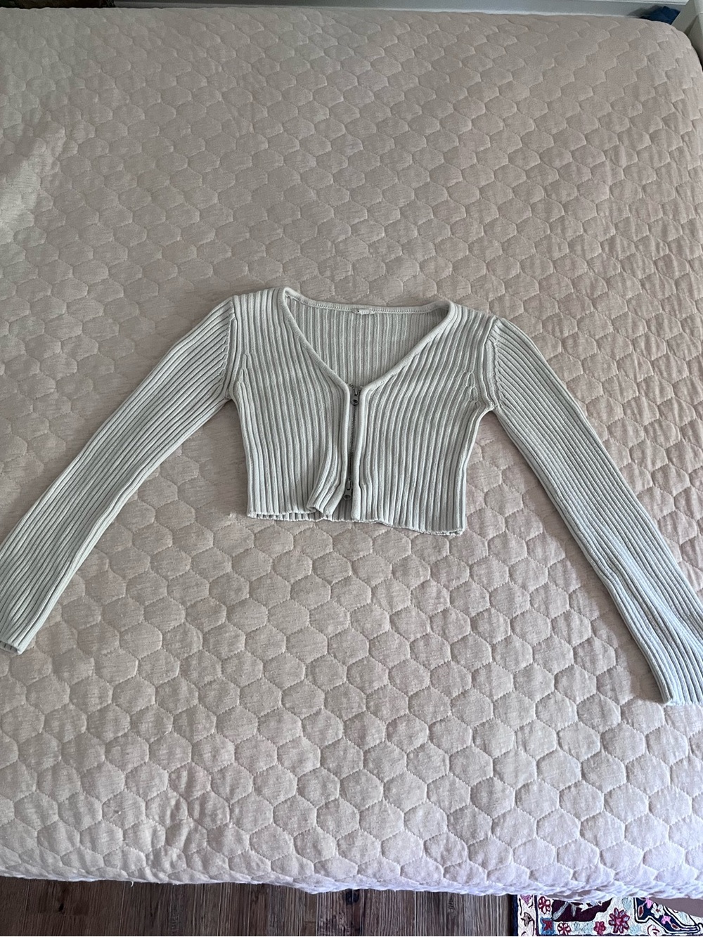 Garage White Ribbed Cropped Zipper-Front Cardigan
